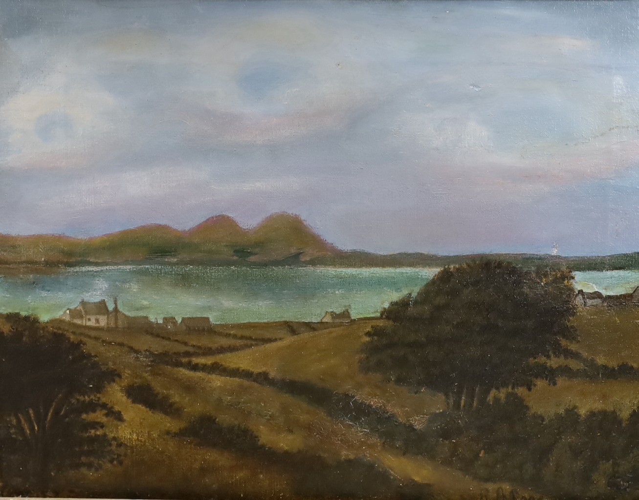 R.A.(?), oil on canvas, ‘Looe’, signed and dated 1892, 26 x 33cm, together with a watercolour harbour scene, signed and dated, and a Japanese silk-work pattern (3)